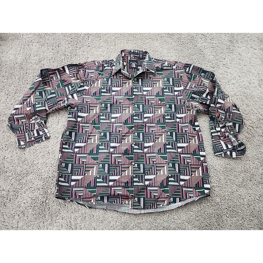 Salty Dog Button Up Shirt Mens L Green Geometric Patchwork 90s Vintage